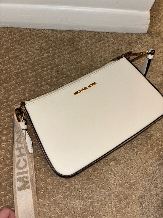 Michael Kors Handbags - Michael Kors White Leather Crossbody with Branded Canvas Strap